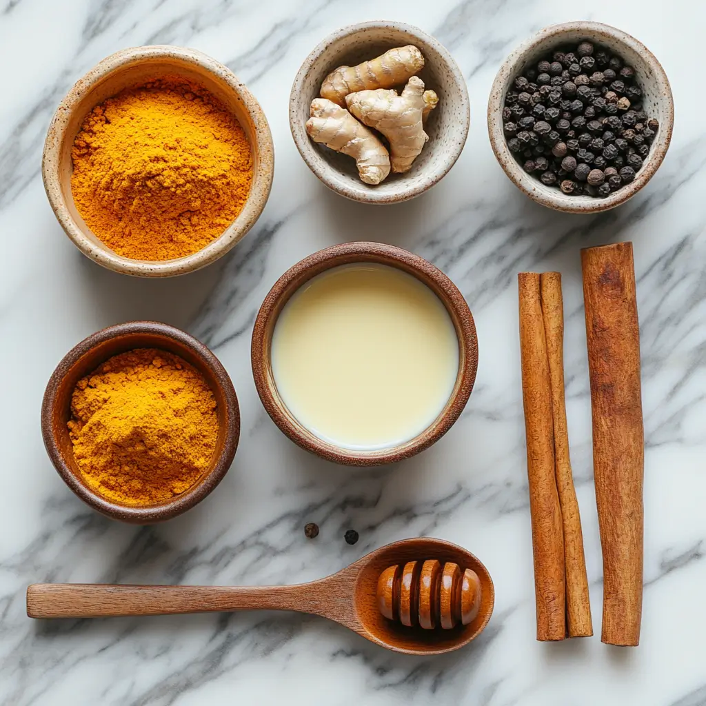 Ingredients for turmeric latte arranged neatly on a marble counter.