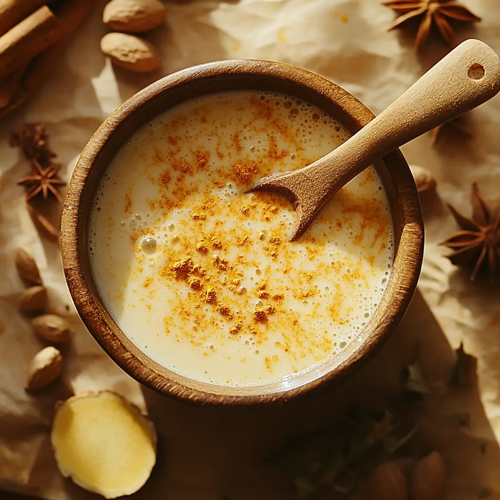 Step-by-step process of preparing turmeric latte in a modern kitchen.