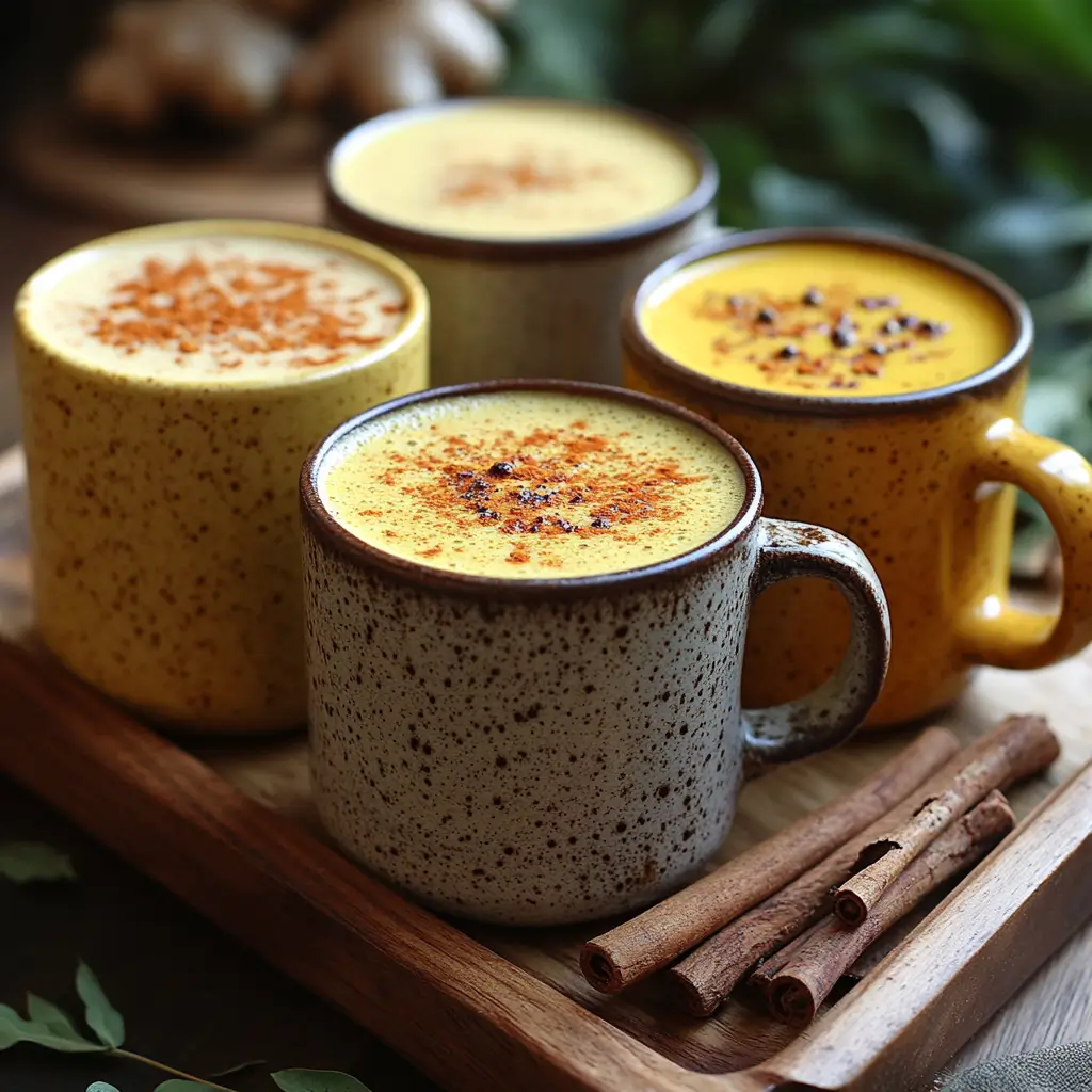 Three different turmeric latte variations with unique spices and milks.