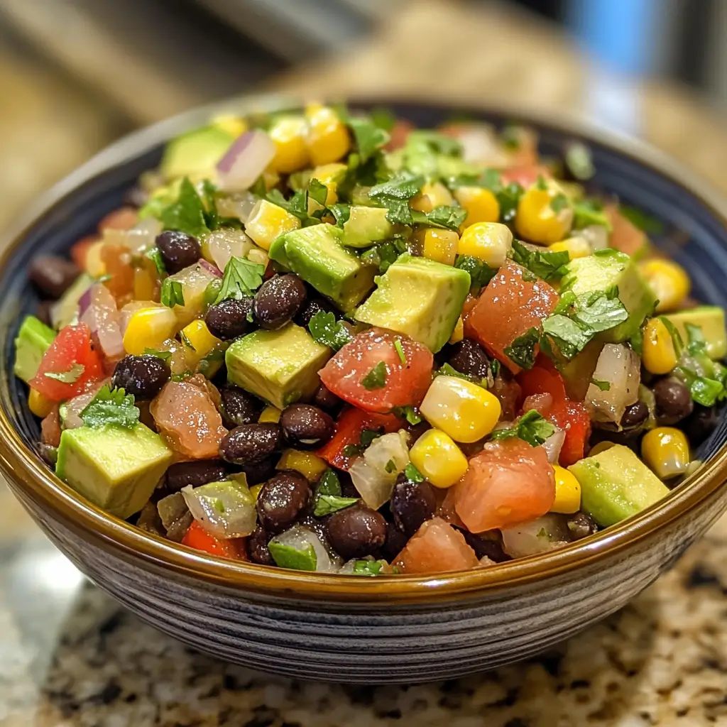 Avocado black bean salsa in a bowl on a kitchen counter.