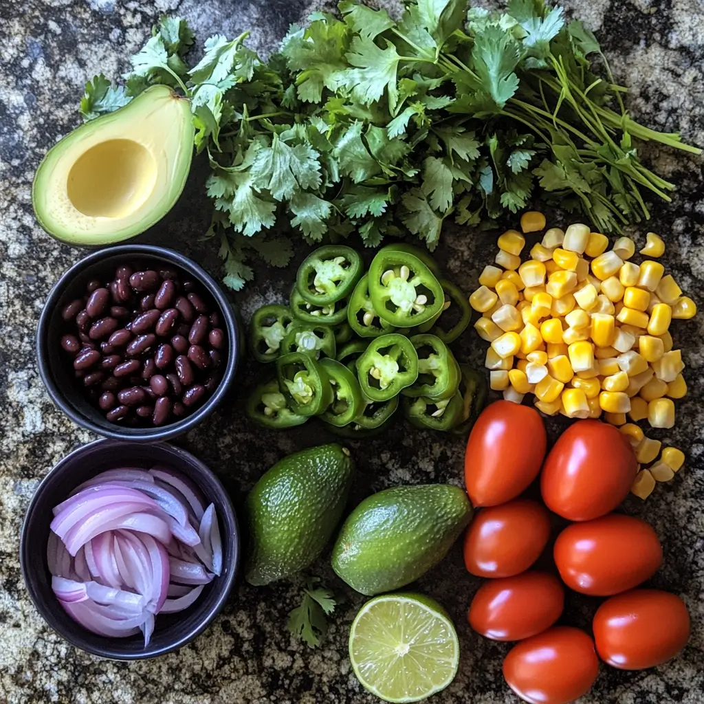 Avocado black bean salsa ingredients spread out
