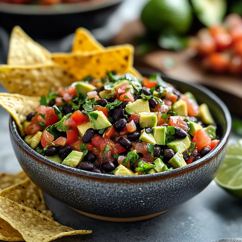 Avocado black bean salsa served with chips and as a topping.