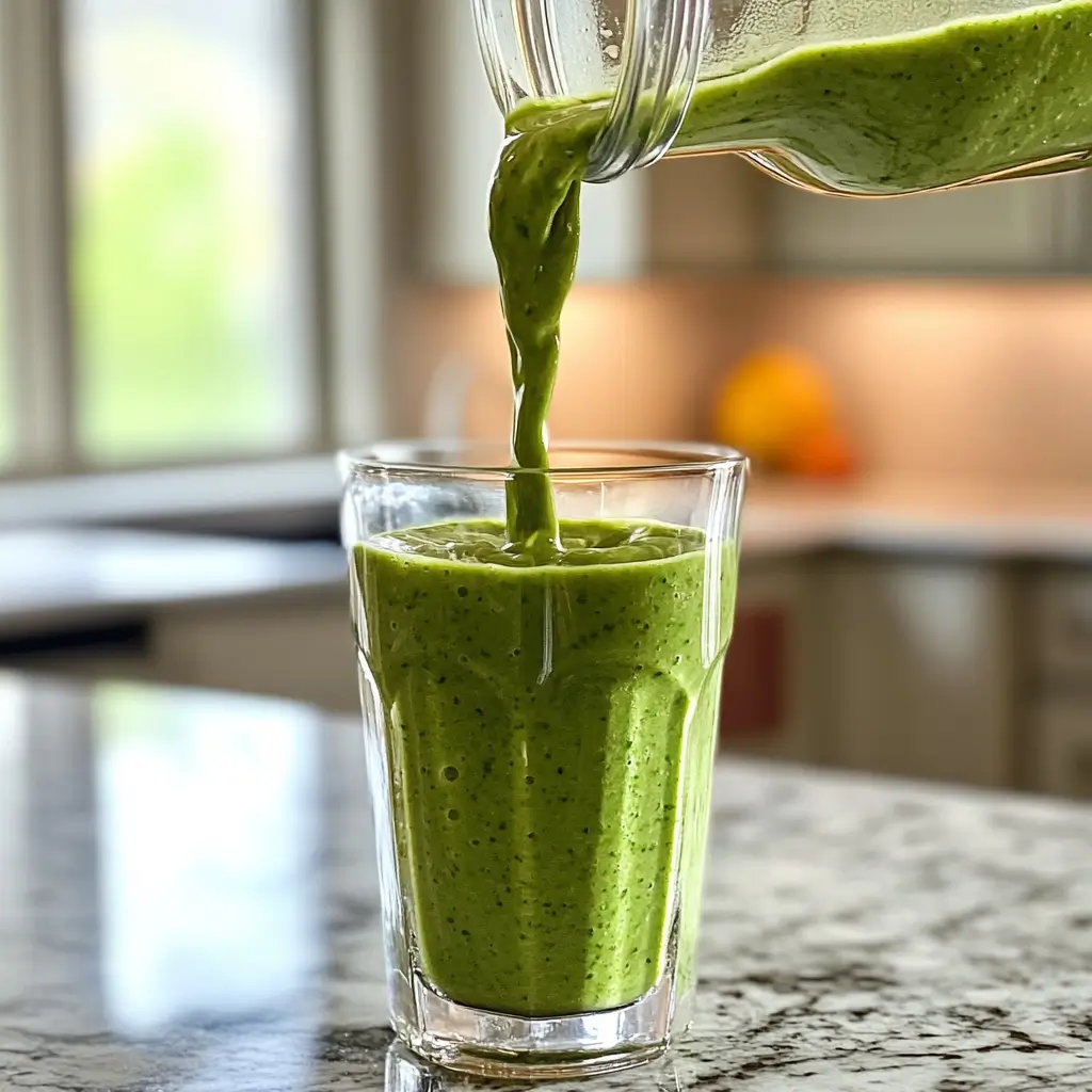 Avocado spinach smoothie being poured into a glass at home.