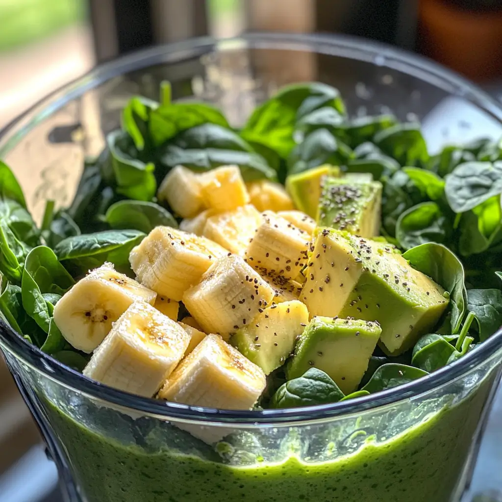 Avocado spinach smoothie ingredients layered inside a blender before blending.