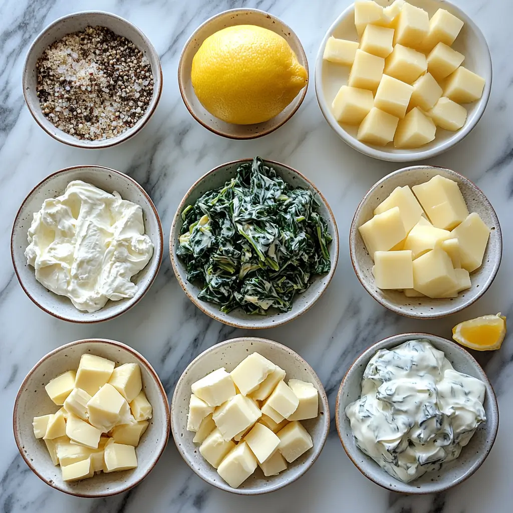 Ingredients for spinach artichoke dip arranged neatly on a countertop.