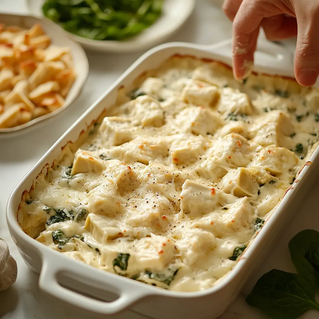 Steps showing how to mix and bake spinach artichoke dip with cheese topping.