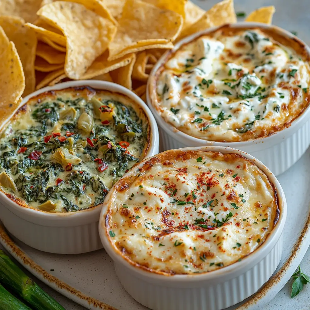 Different variations of spinach artichoke dip in ramekins with chips and vegetables.