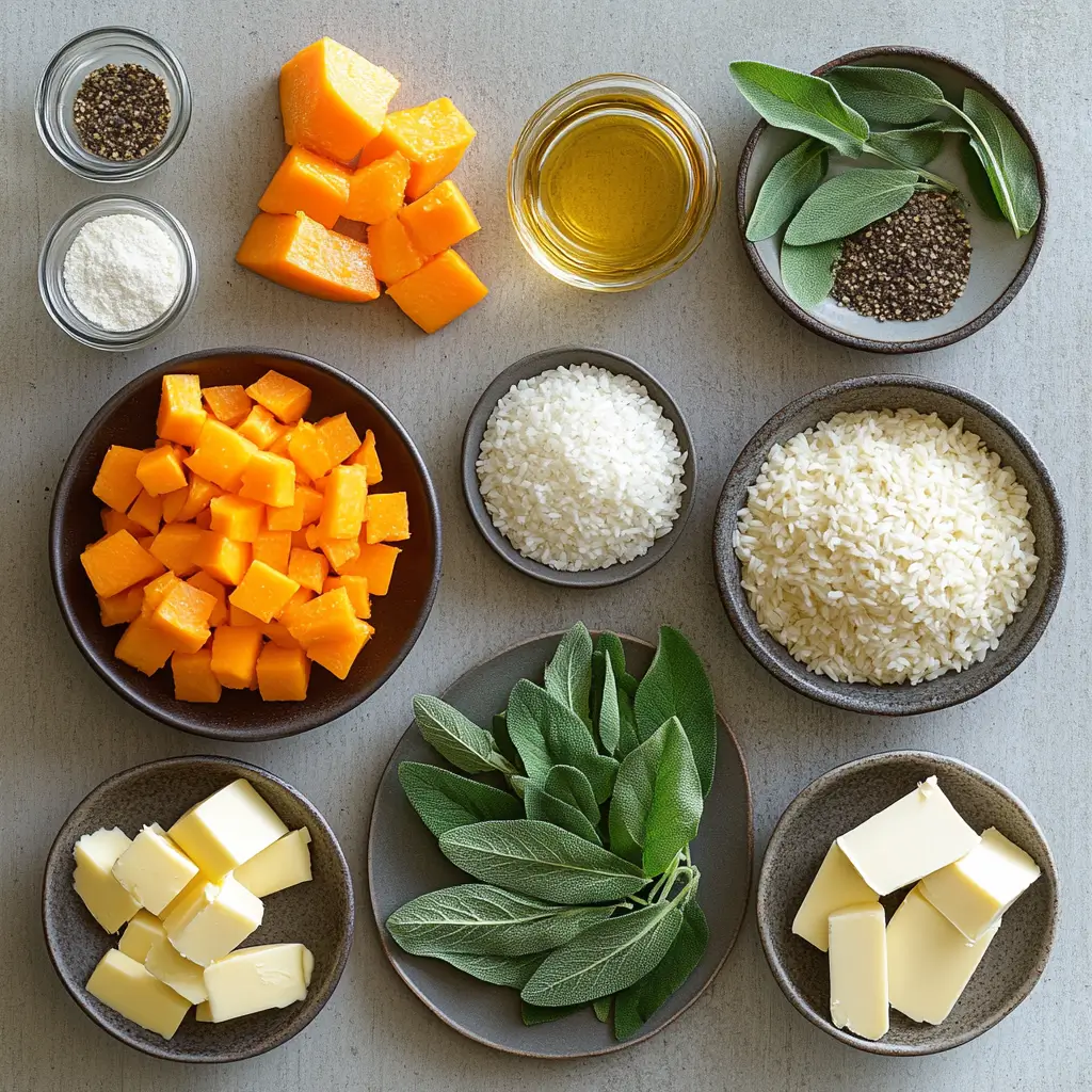 Ingredients for butternut squash and sage risotto arranged neatly on a counter.