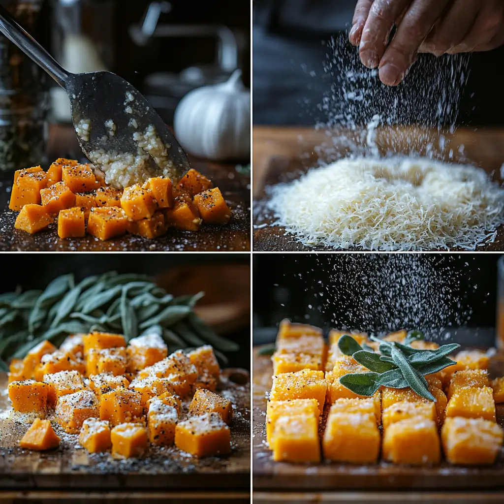 Step-by-step process of roasting, stirring, and finishing butternut squash risotto.