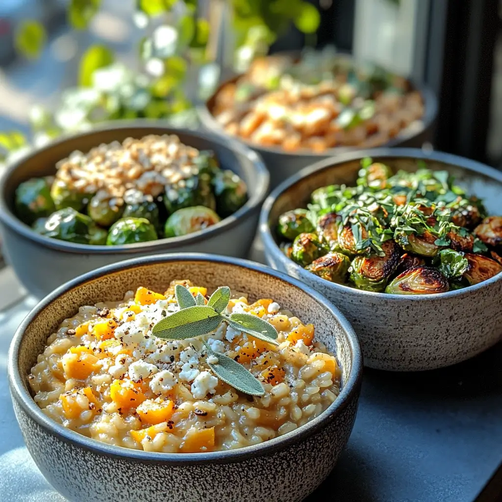 Different variations of butternut squash risotto with toppings like sage, cheese, and vegetables.