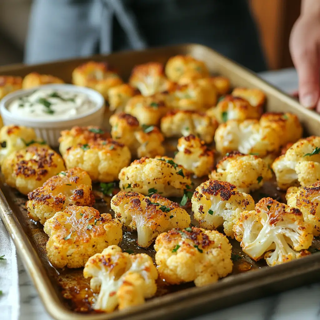 Steps showing how to prepare and bake crispy roasted cauliflower bites.