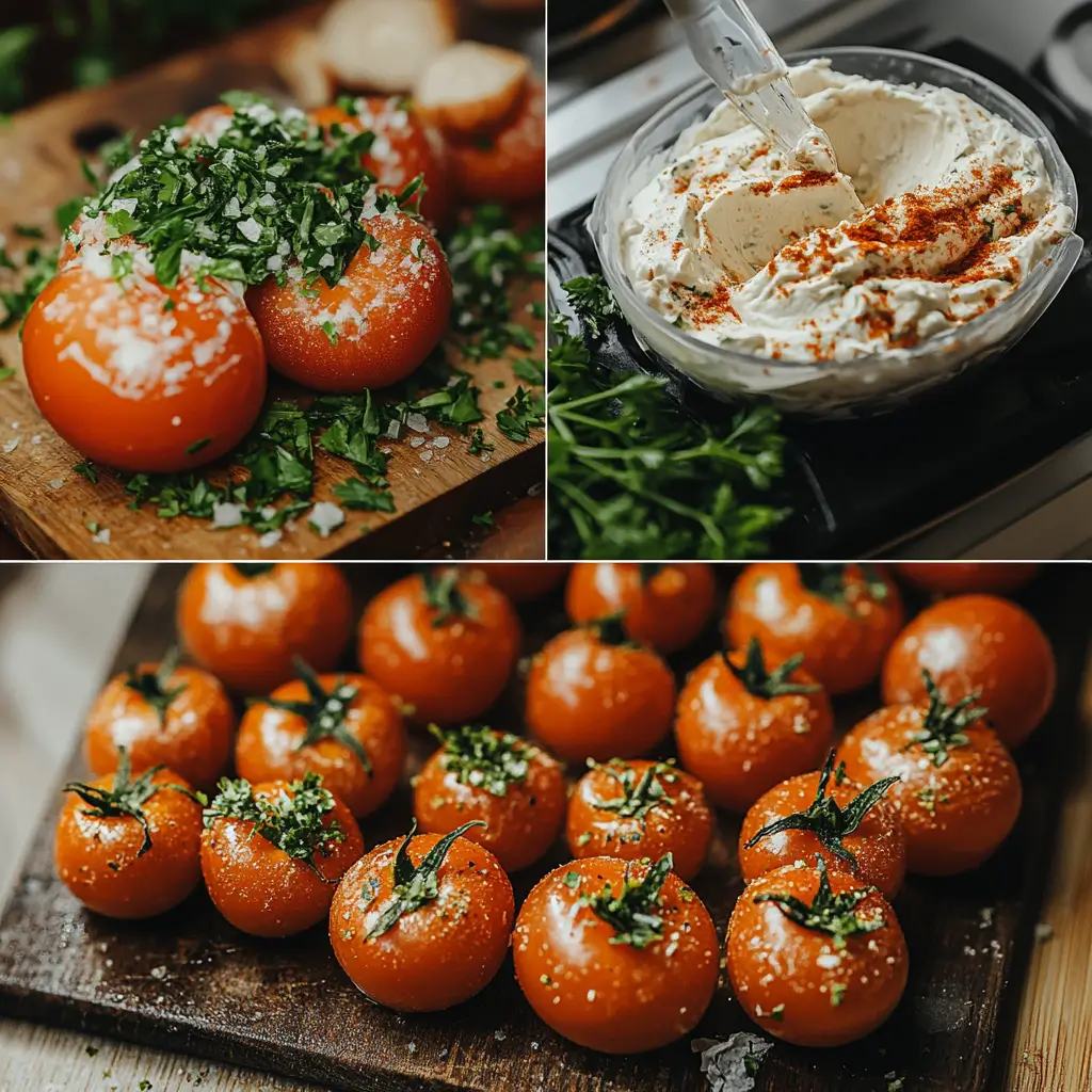 Step-by-step process of preparing stuffed cherry tomatoes in a kitchen setting.