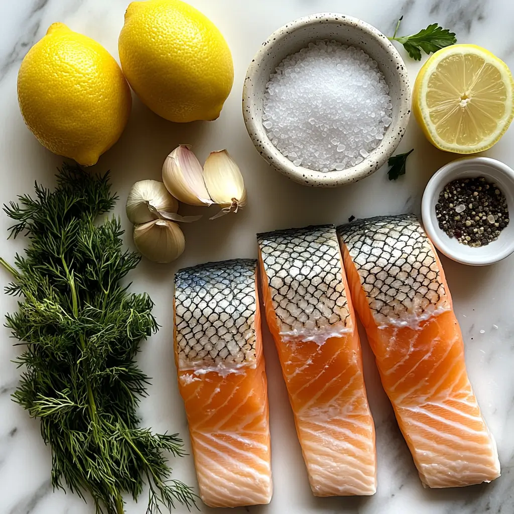 Ingredients for branzino fillet including herbs, lemon, and olive oil on a countertop.