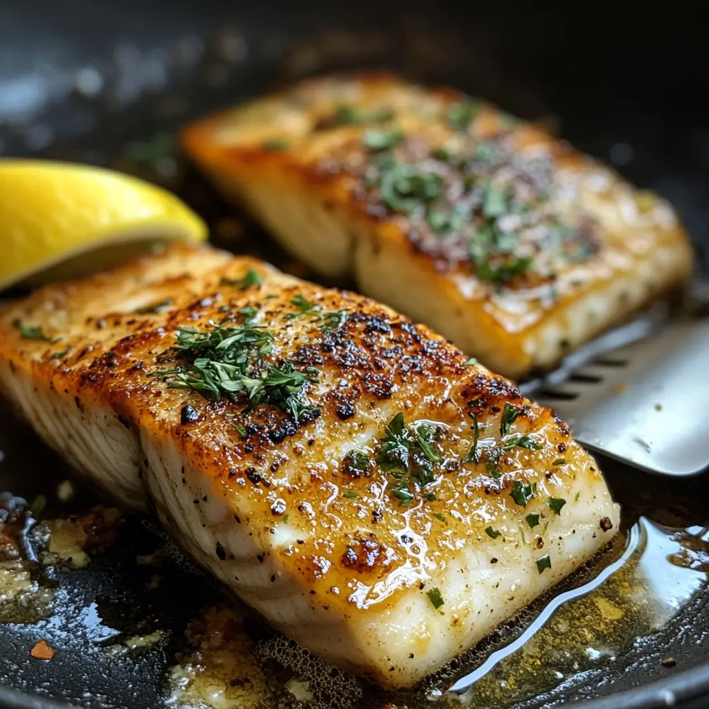 Step-by-step pan-searing process of branzino fillet in a skillet.