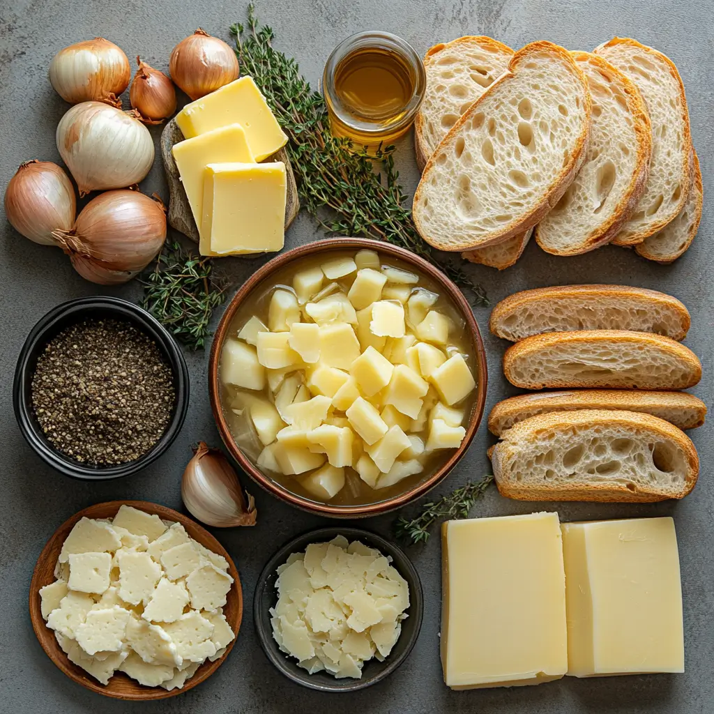 Ingredients for homemade onion soup laid out on a countertop.
