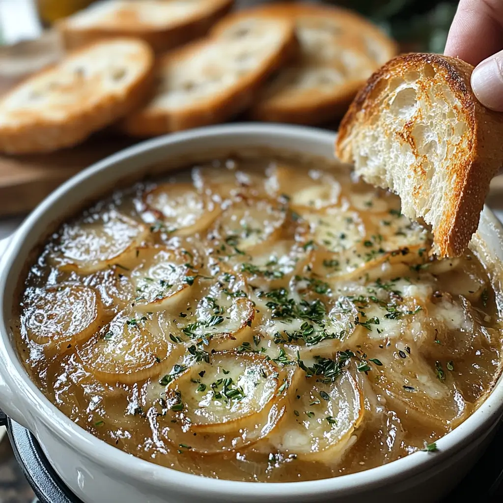 Steps showing how to make and top French onion soup with cheese.
