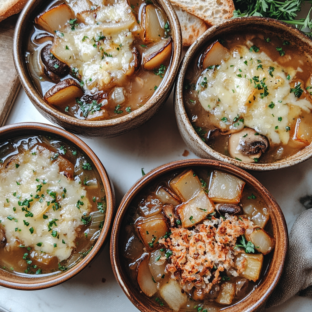 Different variations of onion soup including vegan and mushroom versions.
