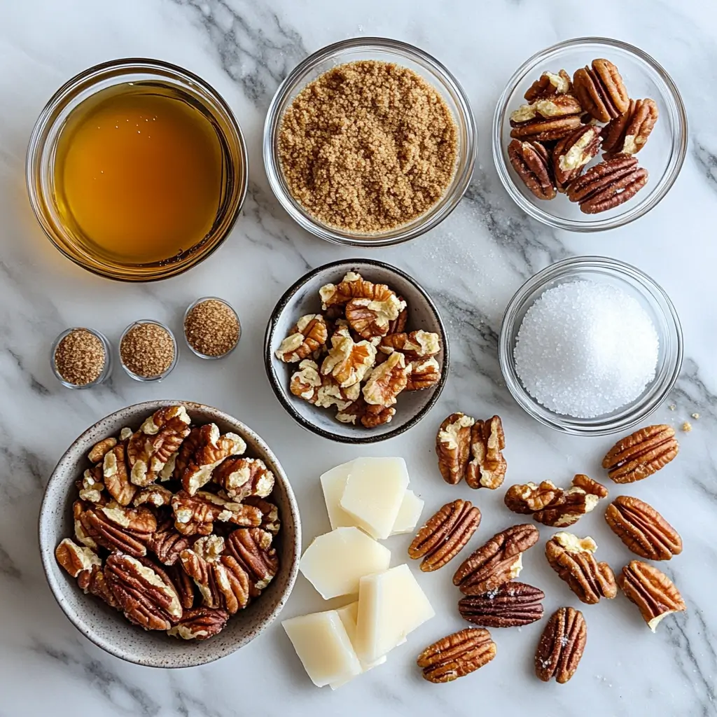 Ingredients for pecan pie balls displayed in small bowls on a white surface.