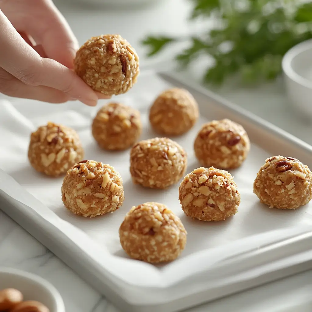 Pecan pie ball dough shaped into even round balls on parchment paper.