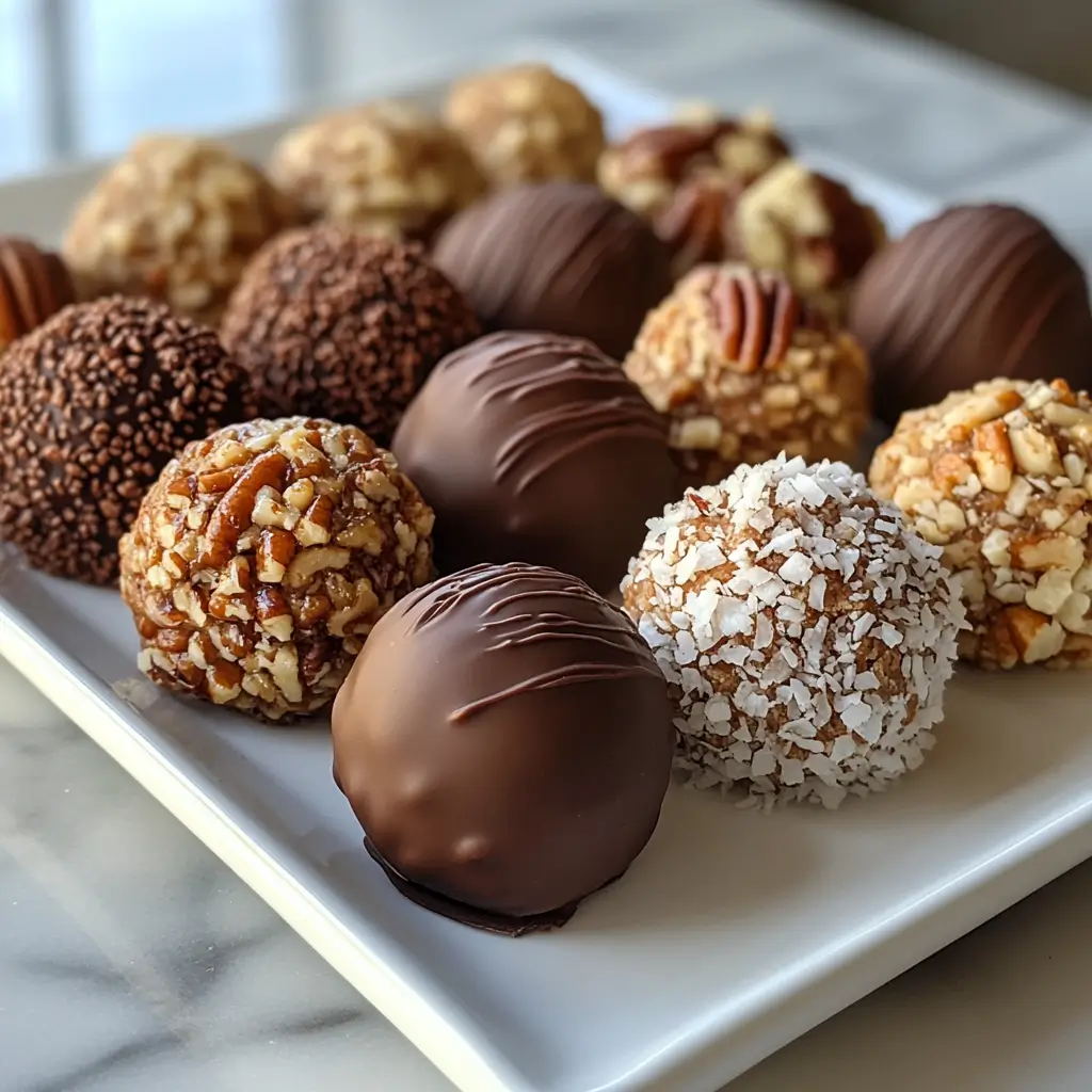 Assorted pecan pie balls with different coatings on a white tray.