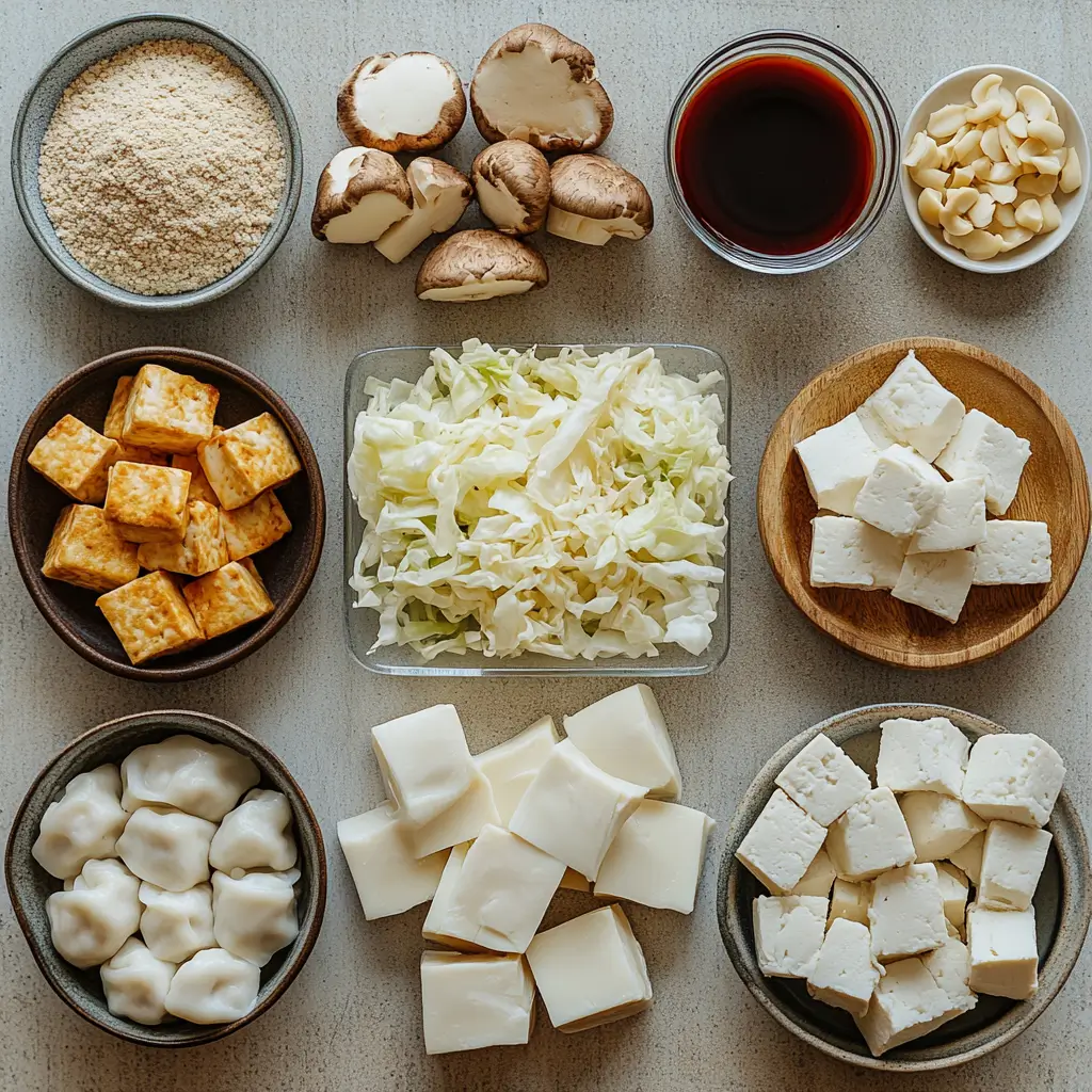 Ingredients for vegan soup dumplings arranged neatly on a countertop.