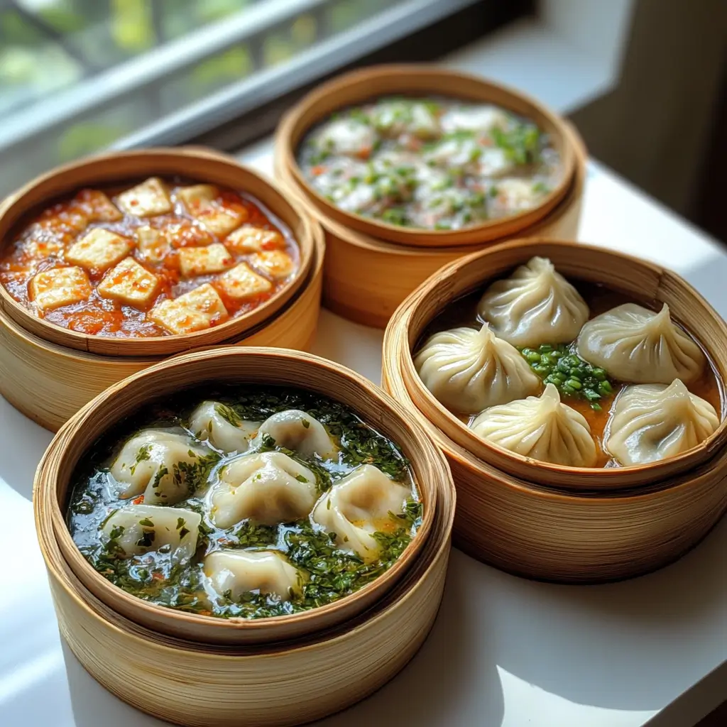 Assorted vegan soup dumpling variations with different fillings and flavors.