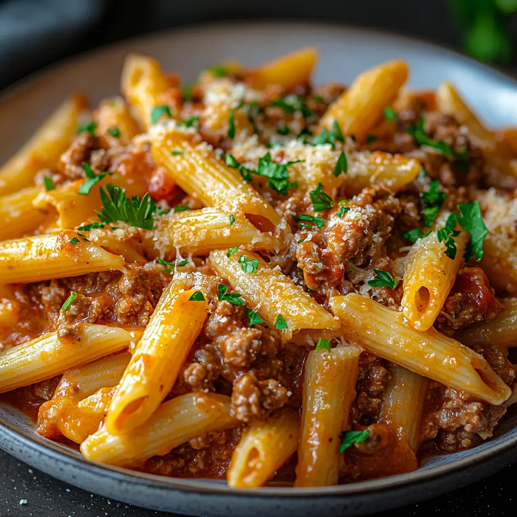 Bowl of creamy beef pasta with cream cheese, parsley, and Parmesan garnish.
