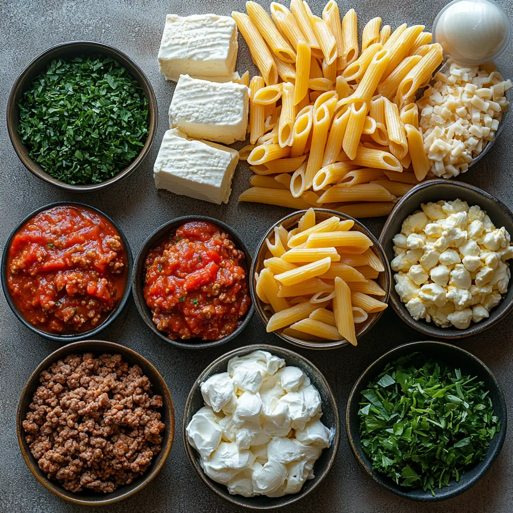 Ingredients for creamy beef pasta arranged in bowls on a counter.
