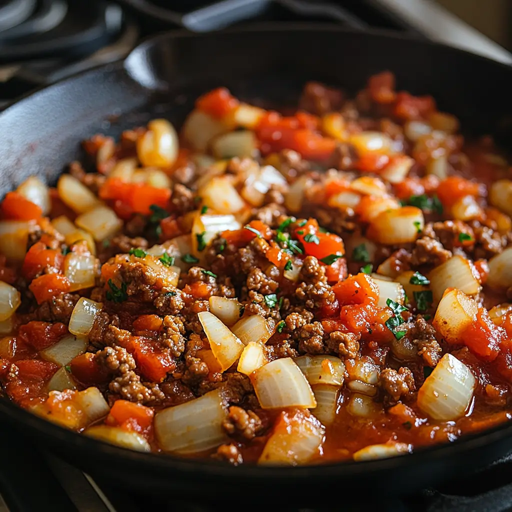 Ground beef and onions cooking in a skillet for creamy beef pasta.