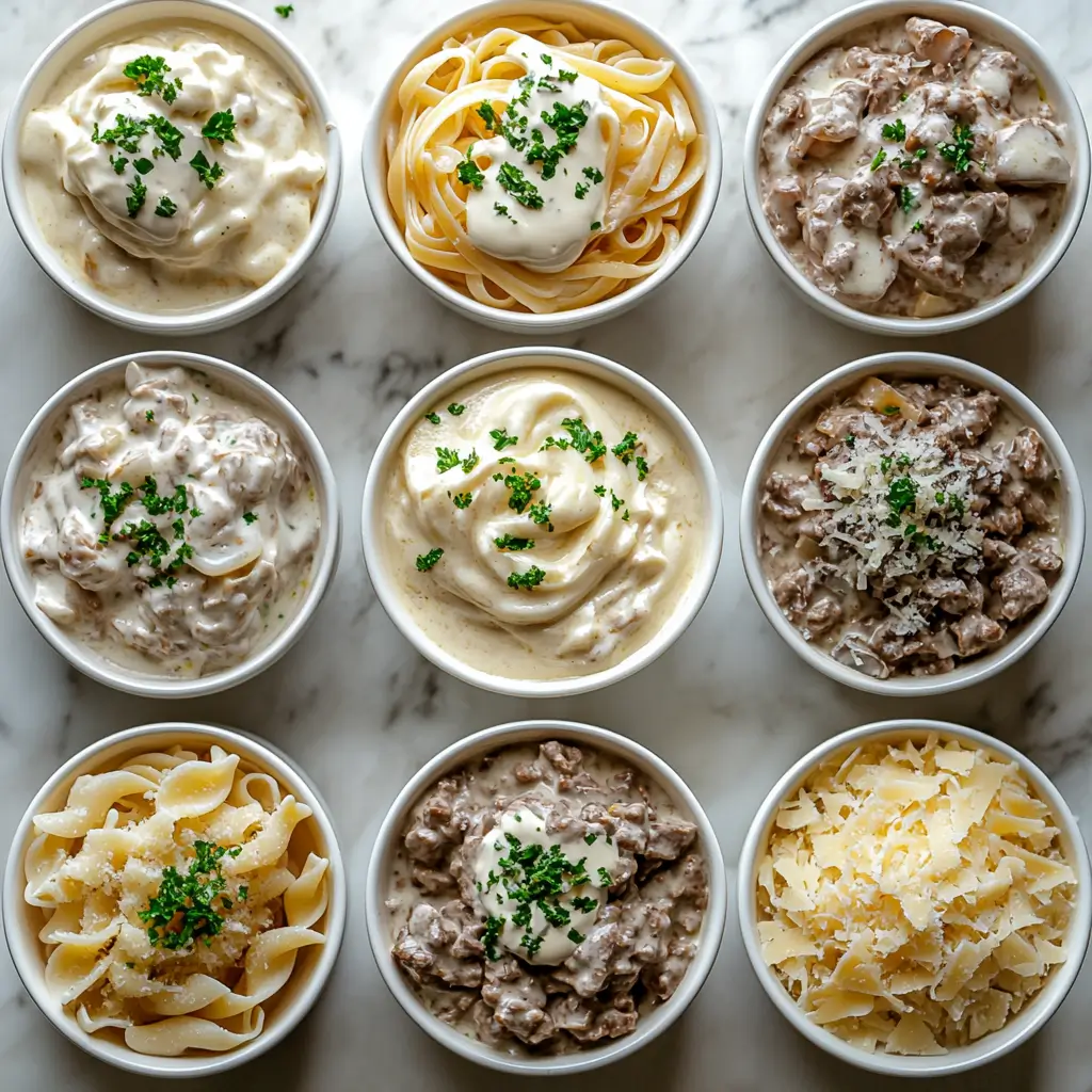 Different variations of creamy beef pasta with mushrooms, spinach, and sausage.