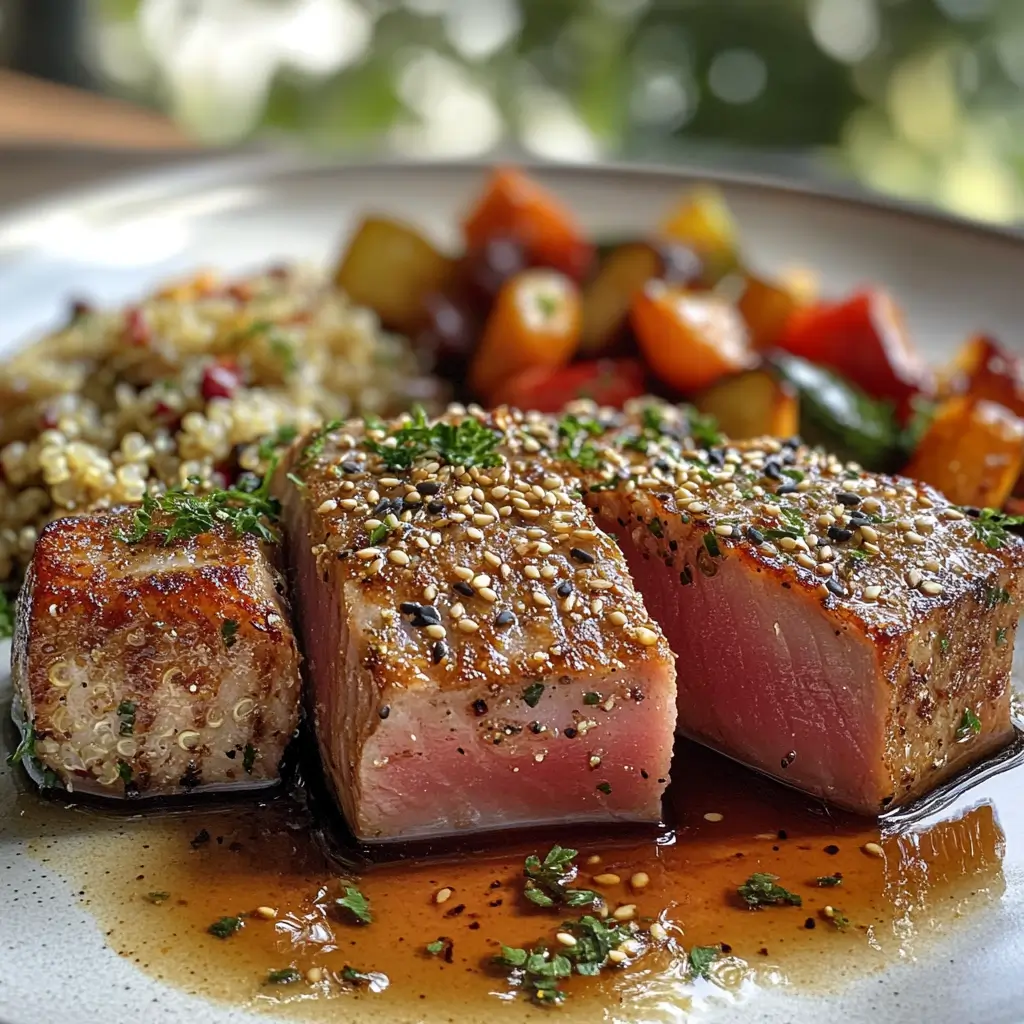 Seared tuna steak with sesame seeds and lemon on a white plate.