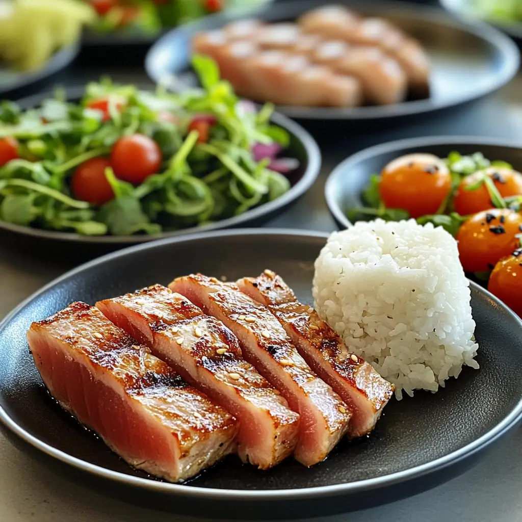Tuna steak served with simple sides on plates.
