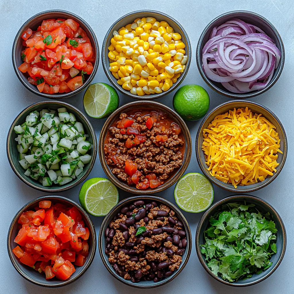 Ingredients for Taco Soup Frios including beef, beans, corn, and taco seasoning on a white surface.