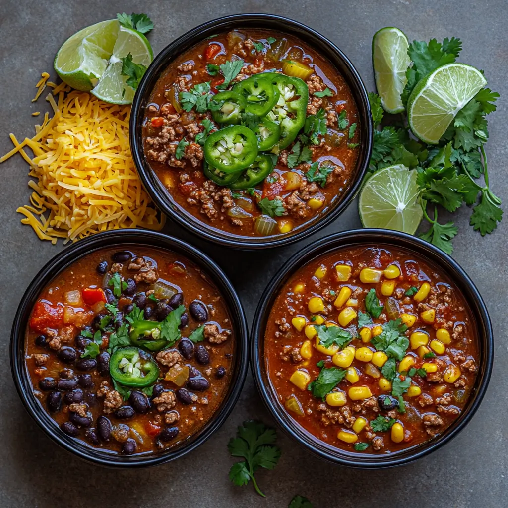 Versions of Taco Soup Frios: beef, spicy, and vegetarian with toppings.