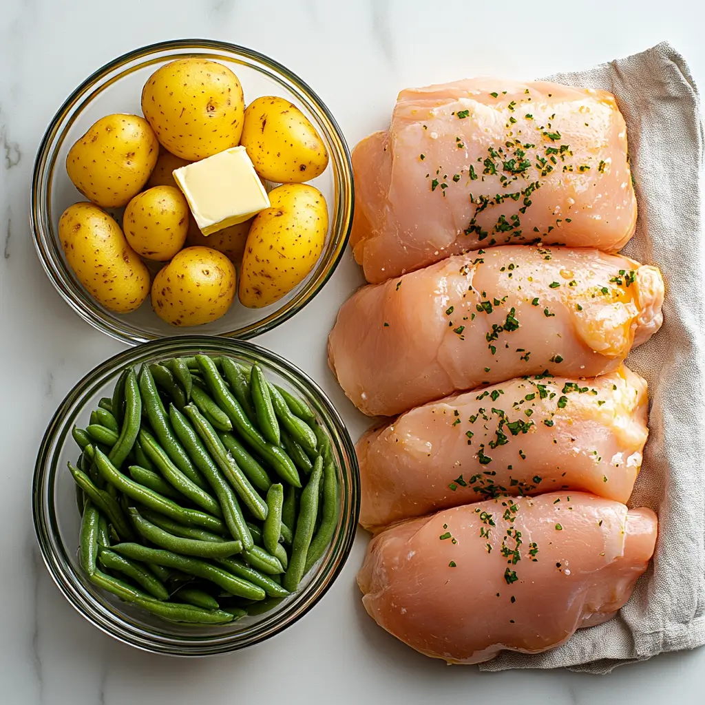 Ingredients for 5-Ingredient Crockpot Chicken: chicken, potatoes, green beans, butter, and onion soup mix.