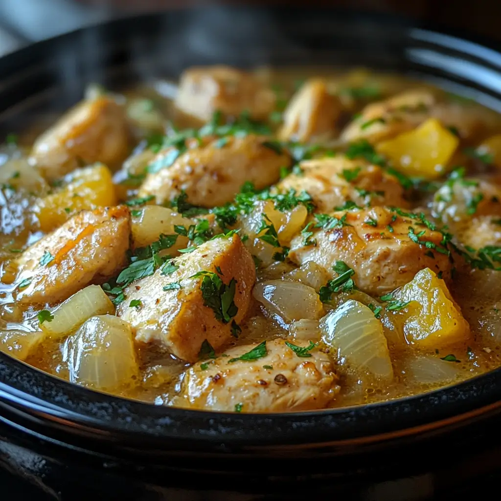 Chicken, potatoes, and green beans cooking in a buttery onion sauce inside a slow cooker.