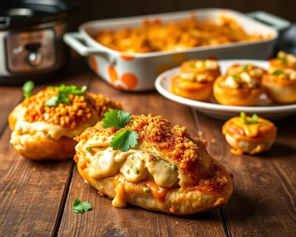 A beautifully lit photograph of several variations of jalapeño popper chicken dishes, arranged artfully on a rustic wooden table. In the foreground, a golden-brown chicken breast stuffed with a creamy, spicy jalapeño filling, garnished with fresh cilantro. In the middle ground, a bubbling casserole dish of jalapeño popper chicken, topped with melted cheese and crispy breadcrumbs. In the background, a plate featuring jalapeño popper chicken bites, each with a golden-brown exterior and a molten, cheesy interior. The lighting is warm and inviting, casting a soft glow on the dishes. The overall mood is one of mouthwatering deliciousness, perfectly capturing the essence of "Customizing Your Recipe" for this crockpot jalapeño popper chicken dish.