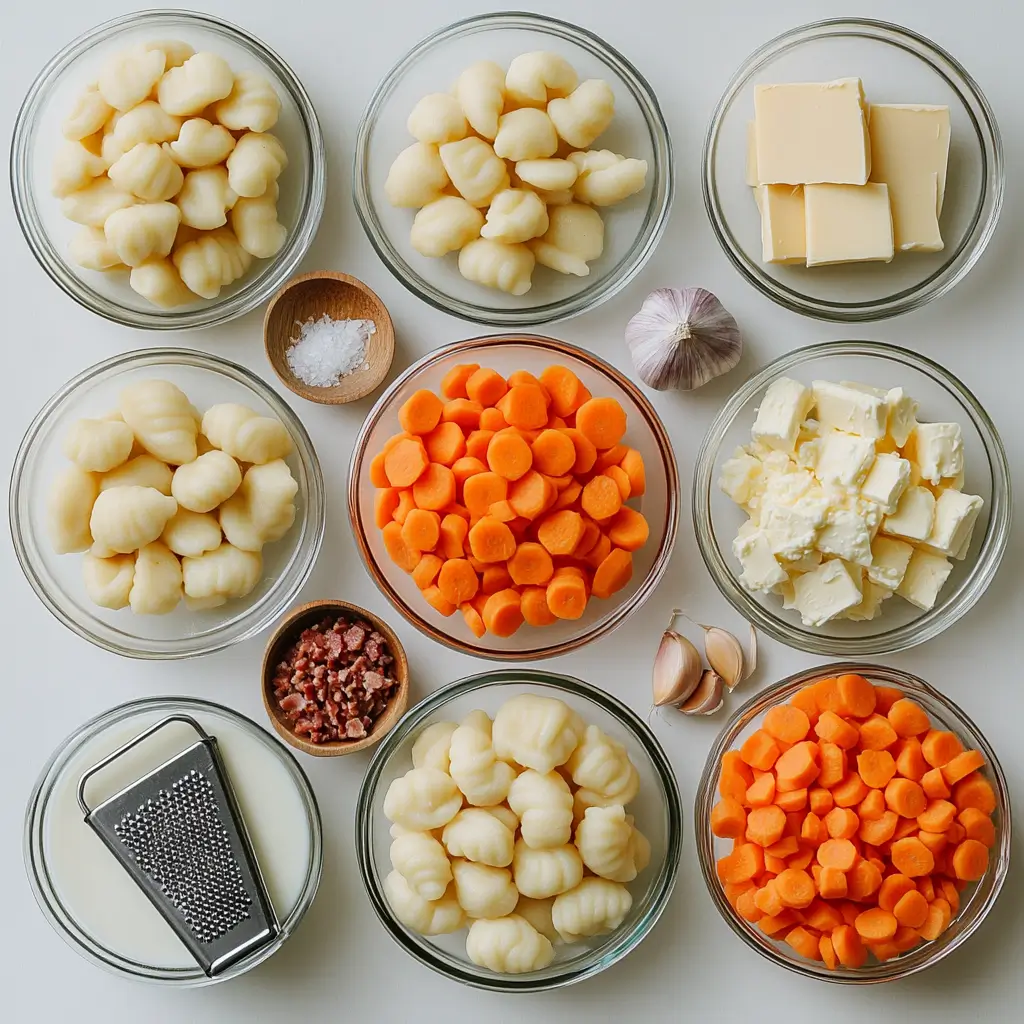 Ingredients for Cheddar Gnocchi Soup including gnocchi, cheese, turkey bacon, and vegetables.