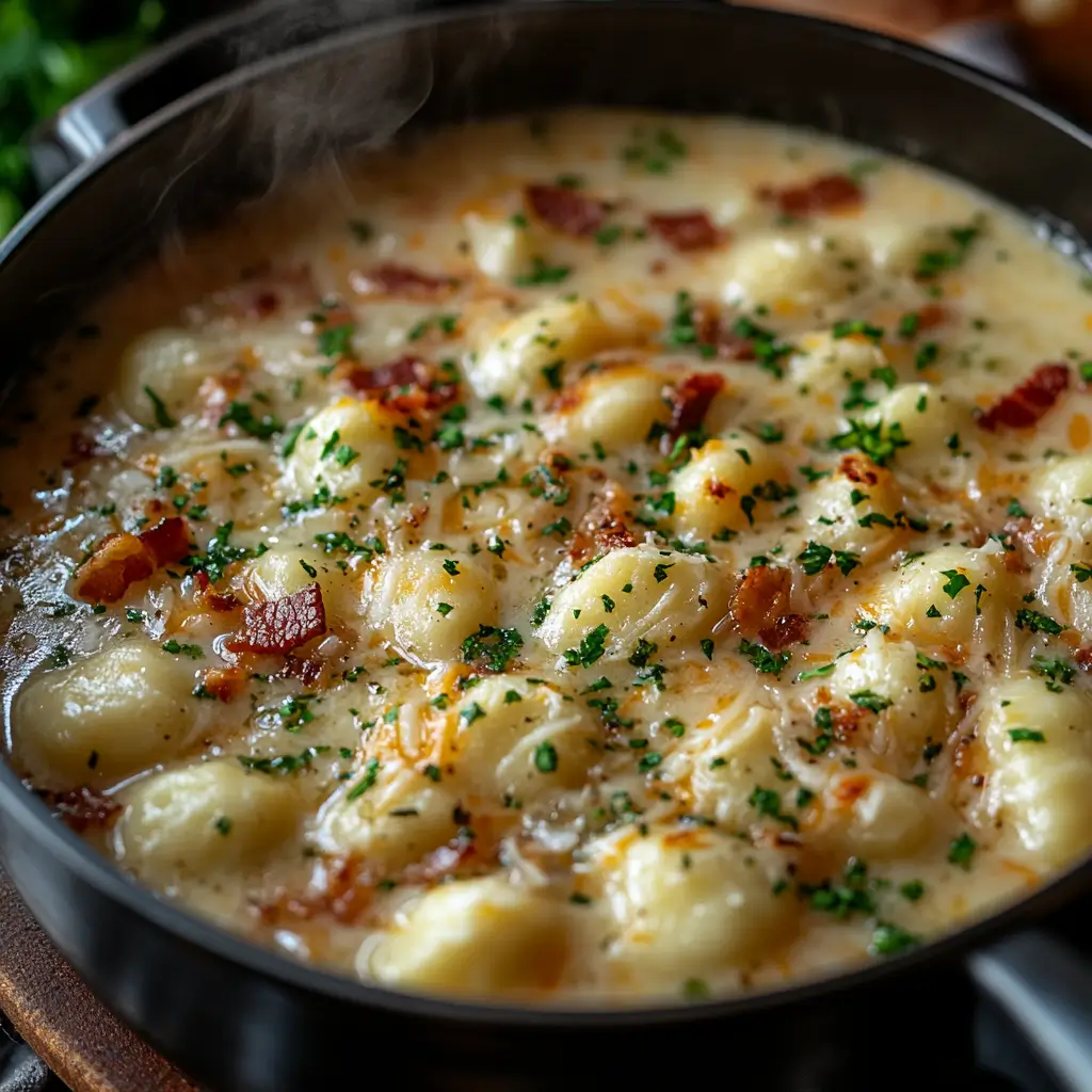 Bubbling Cheddar Gnocchi Soup with melted cheese and turkey bacon in a creamy broth.