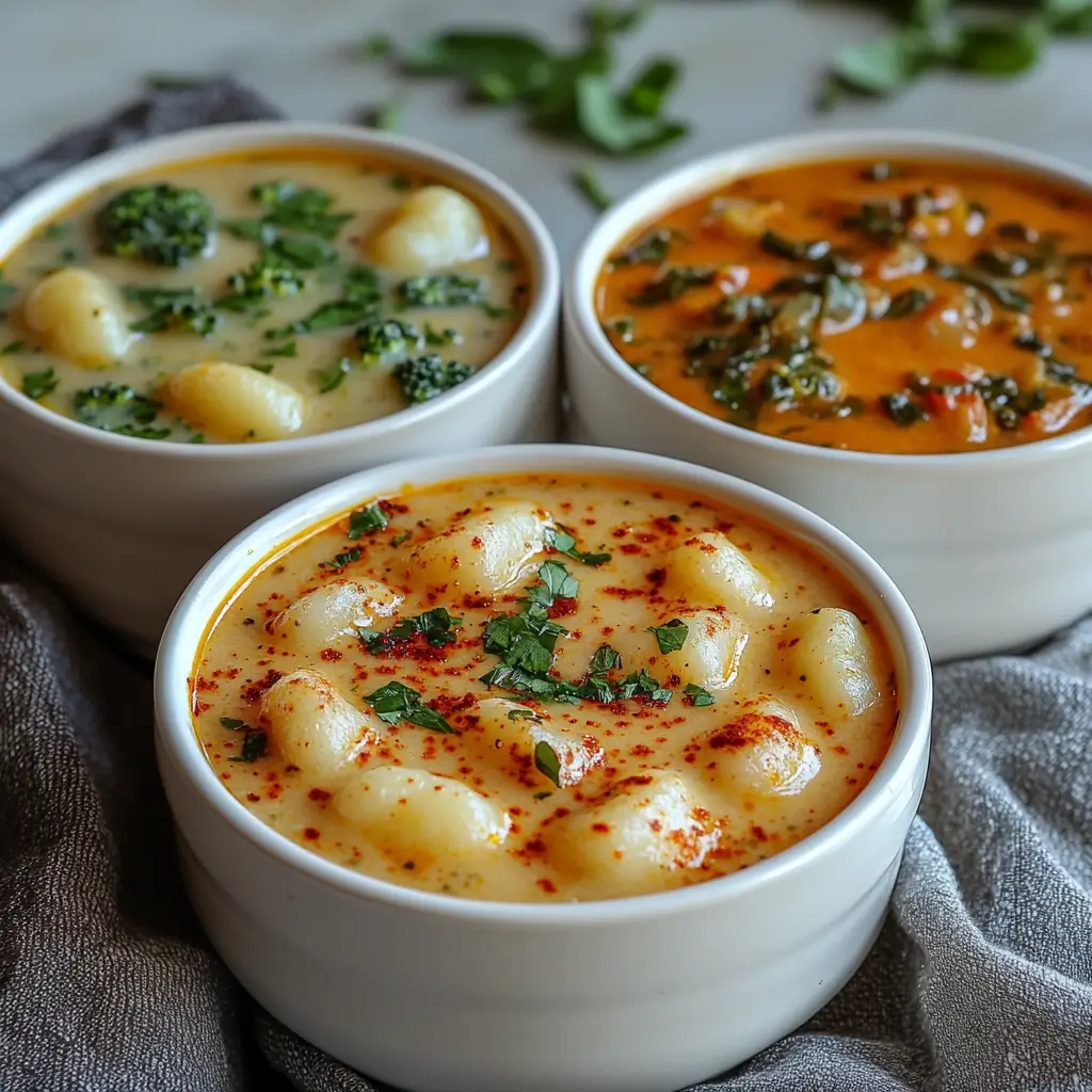 Cheddar Gnocchi Soup versions: classic, vegetarian, and spicy variations.