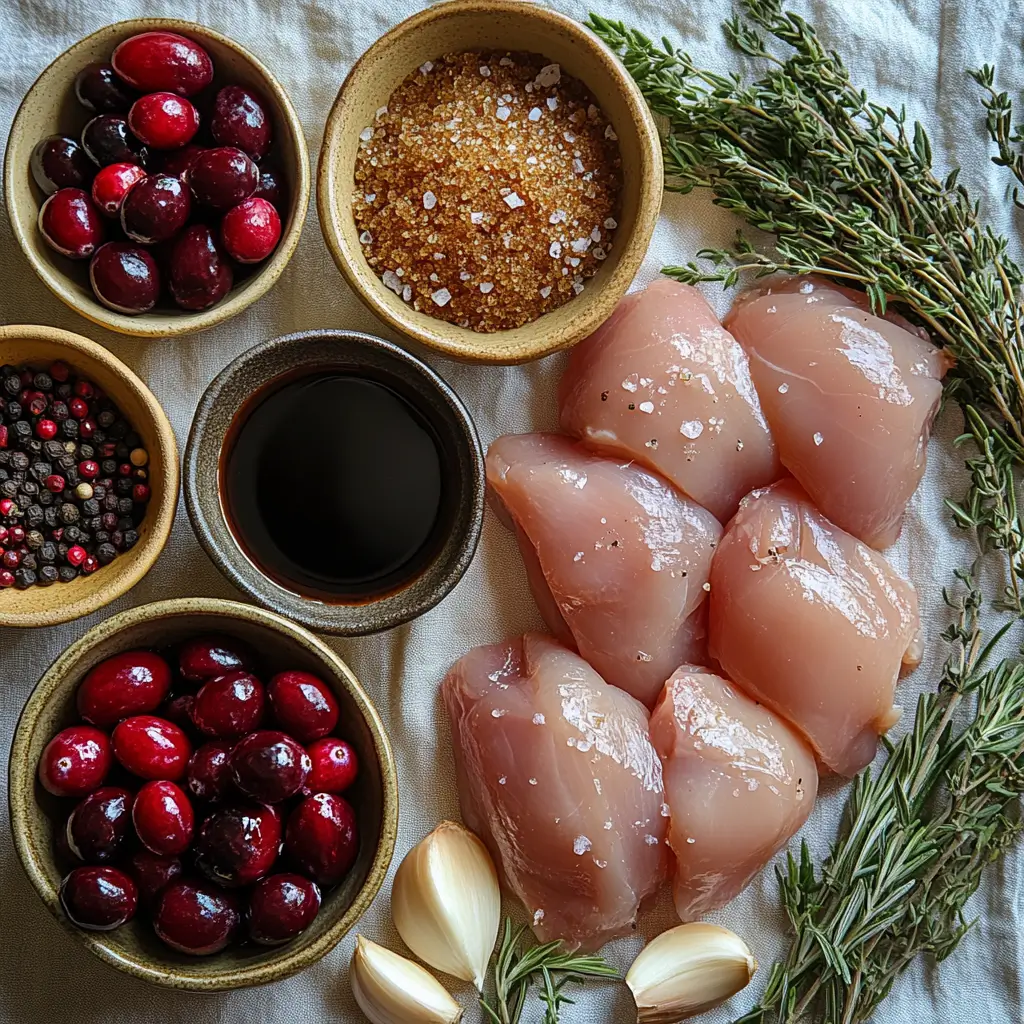 Flat lay of chicken, cranberries, balsamic vinegar, and herbs for Cranberry Chicken.