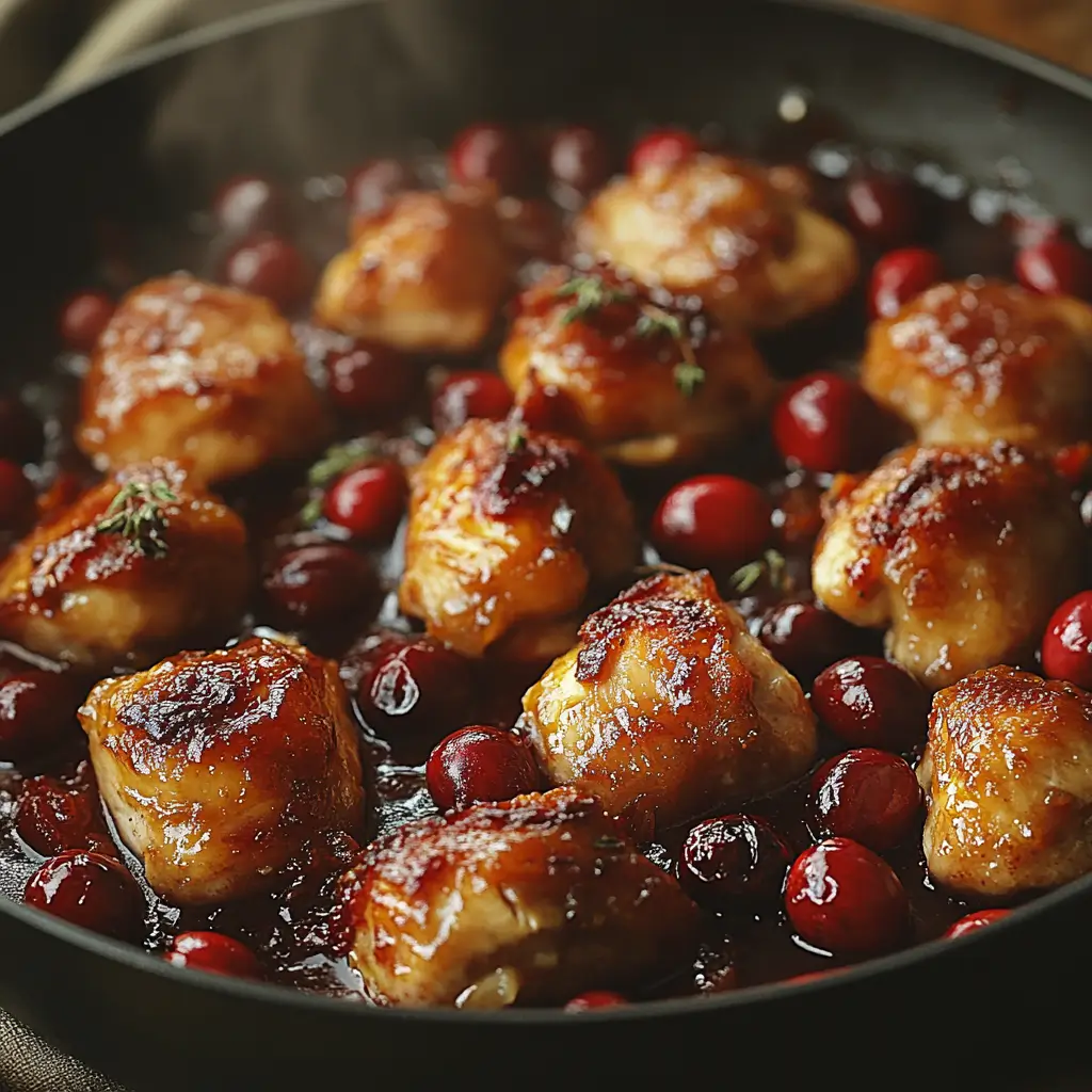 Close-up of Cranberry Chicken simmering in a thick, glossy cranberry sauce.