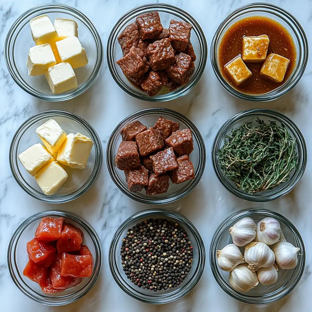 Beef, onions, and gravy mix ingredients arranged neatly for French Onion Beef Tips.