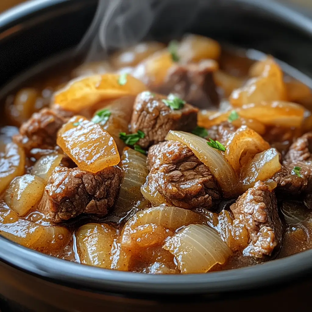 Slow-cooked beef tips simmering in brown onion gravy inside a crockpot.