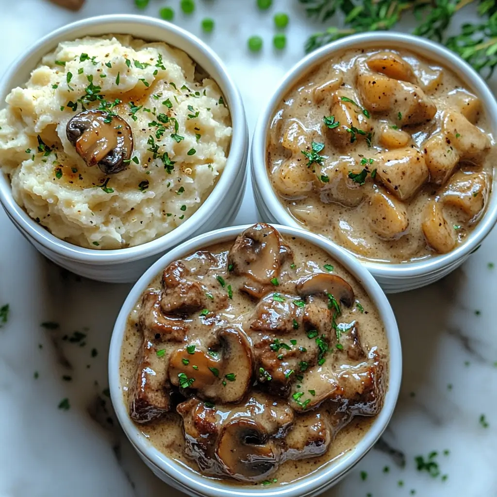 hree French Onion Beef Tips variations with cheese, mushrooms, and cauliflower mash.