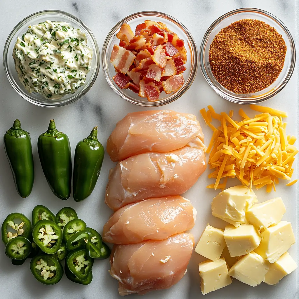 Ingredients for Crockpot Jalapeño Popper Chicken arranged neatly on a white surface.