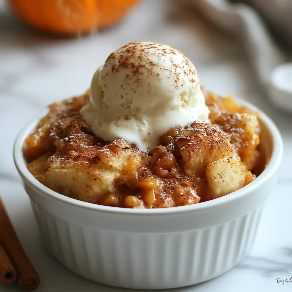 Pumpkin cobbler with golden crust, pumpkin filling, and ice cream on top.
