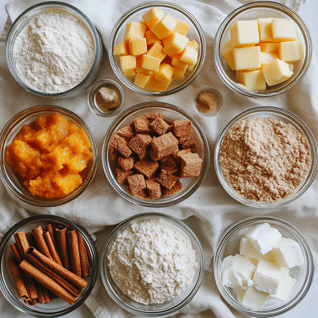 Pumpkin puree, flour, butter, and spices arranged neatly for pumpkin cobbler.