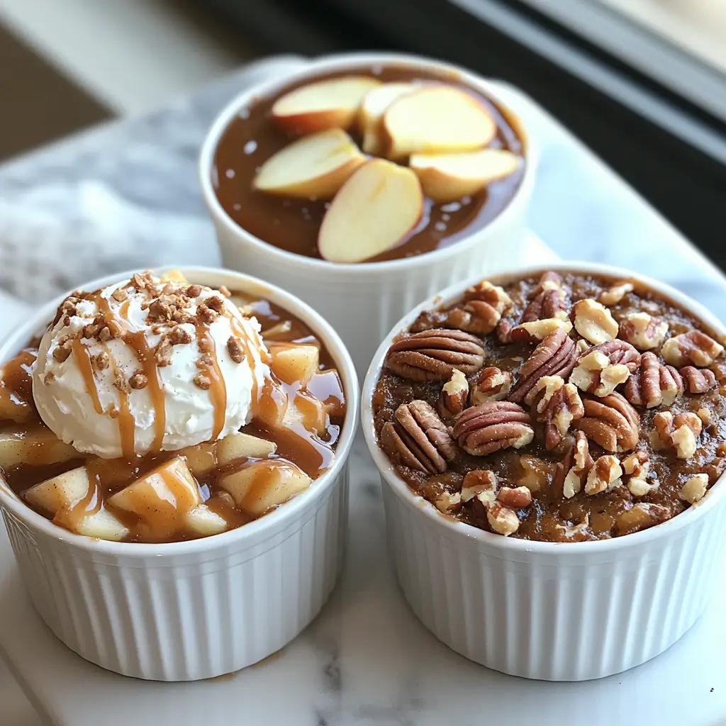 Three versions of Crockpot Pumpkin Cobbler with ice cream, apples, and nuts.