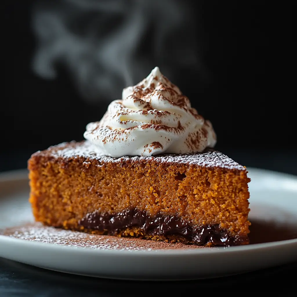 Pumpkin lava cake slice with melted chocolate center and whipped cream topping.